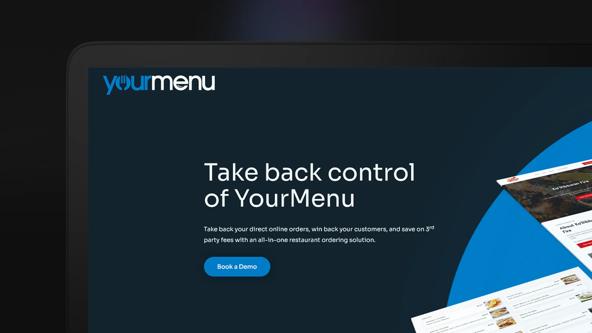 YourMenu marketing website mockup on laptop, zoomed in